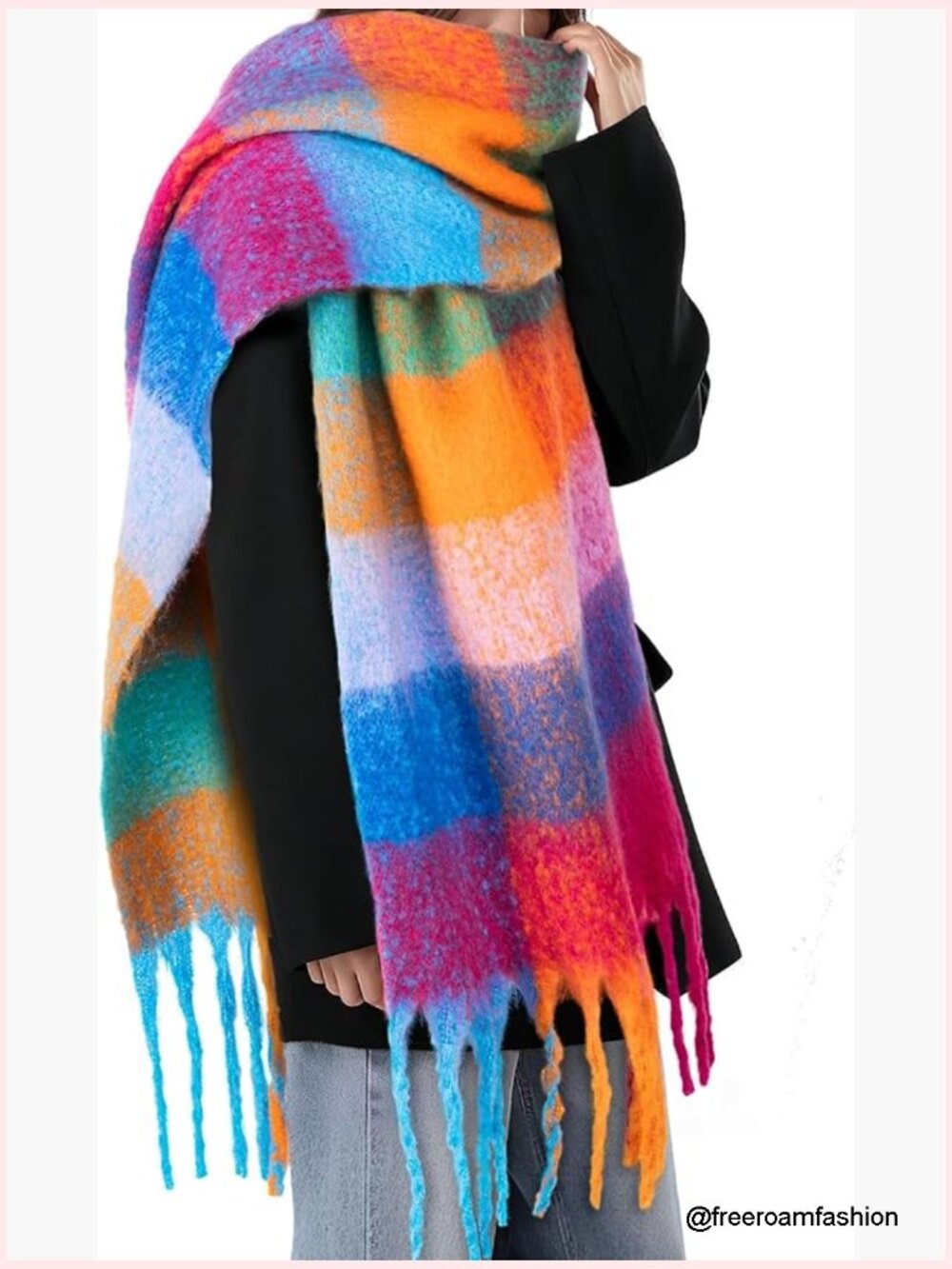 Warm Chunky Knit Blanket Scarf - Oversized Winter Wrap with Fringes - Picture 1 of 7